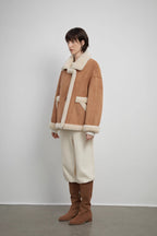 Fireladyfur Women's Faux Leather Shearling Jacket - Lapel Biker Style Wool Suede Coat-4