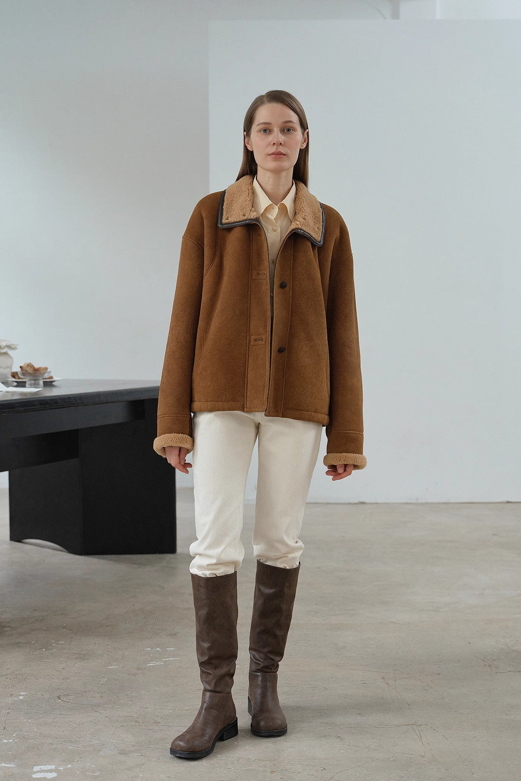 Fireladyfur Women's Shearling Coat - Merino Wool Stand-Up Fur Collar Knight's Contract-4