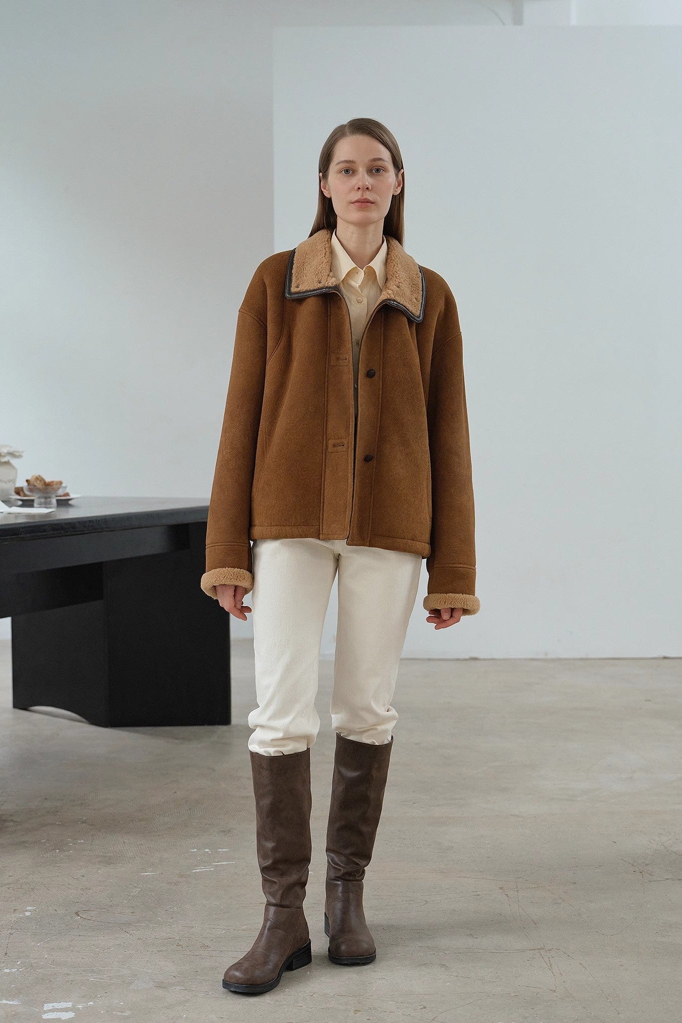 Fireladyfur Women's Shearling Coat - Merino Wool Stand-Up Fur Collar Knight's Contract-4