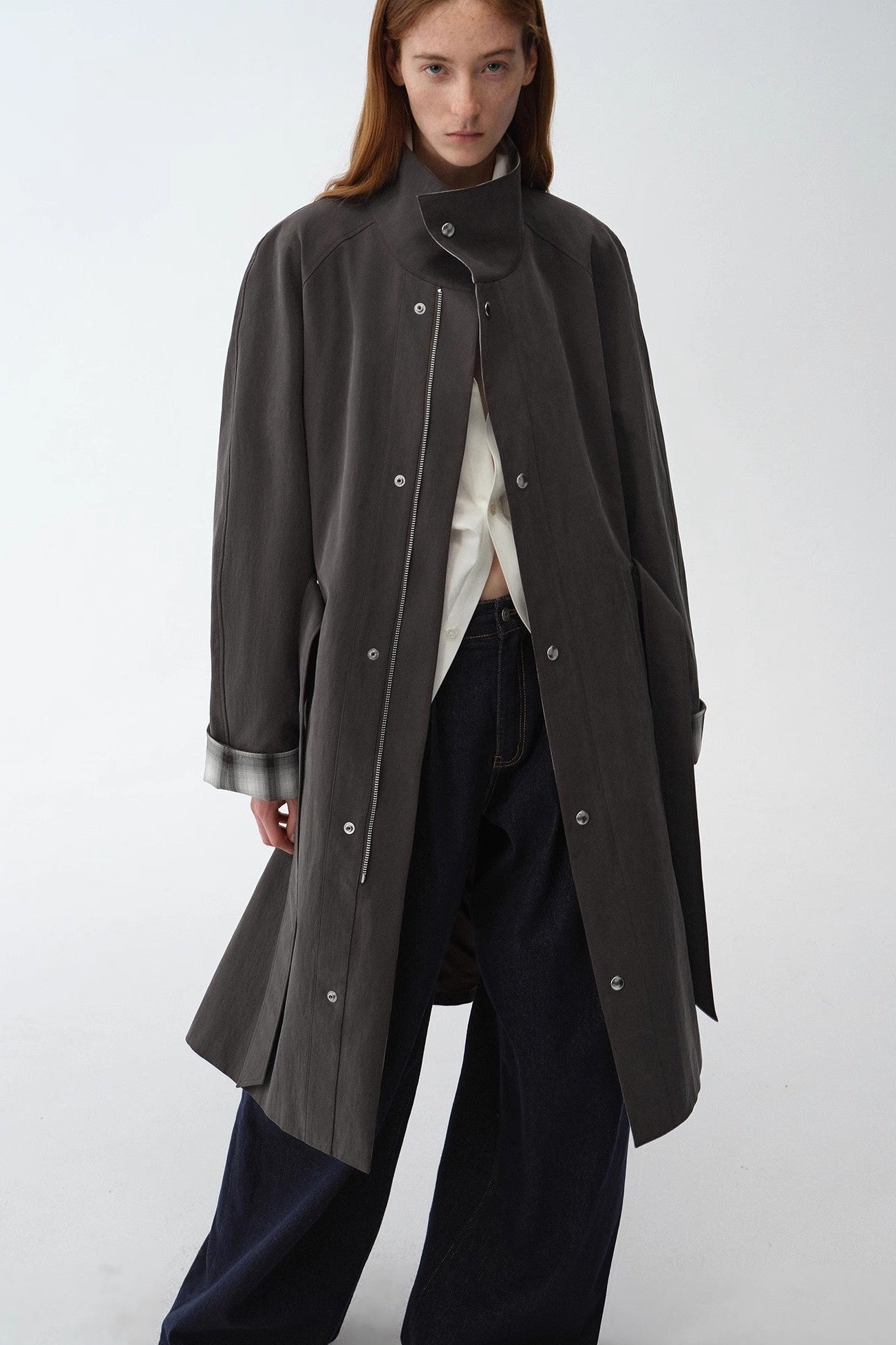 "Urban Island" Retro Plaid Mid-Length Workwear Lapel Trench Coat-4