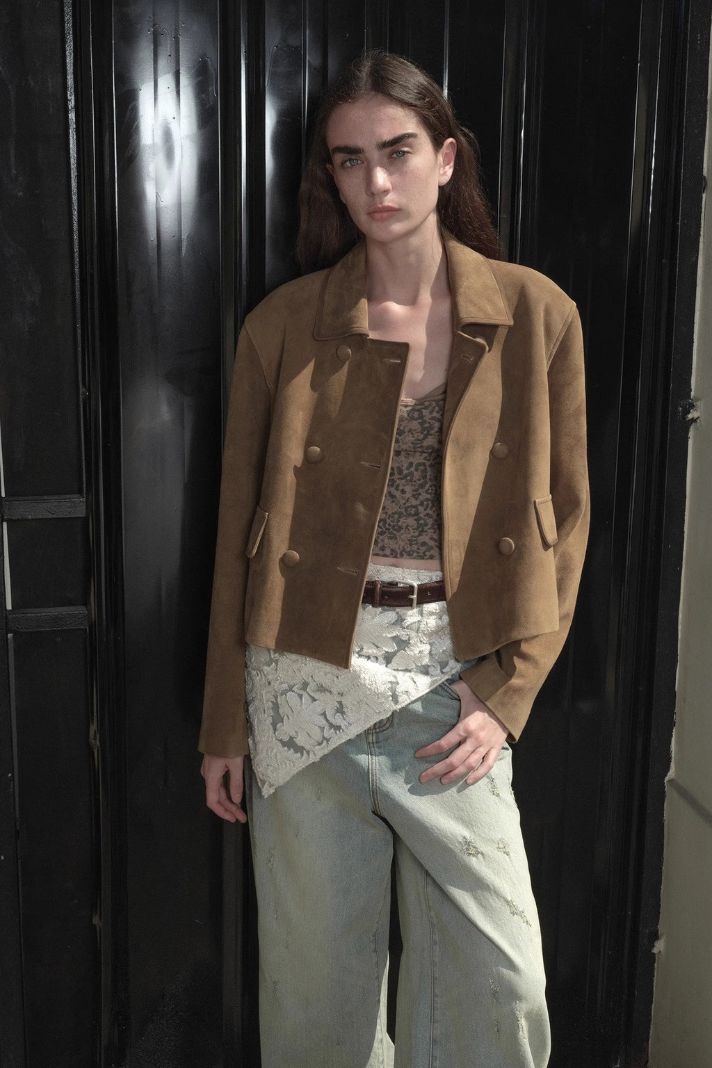 Suede lambskin retro double-breasted lapel wide-shoulder genuine leather jacket imported from New Zealand "Nth power"-4