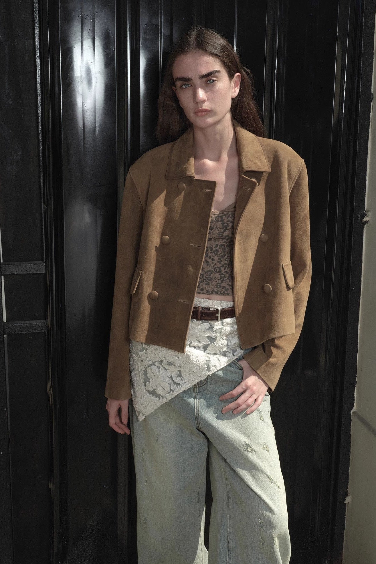Suede lambskin retro double-breasted lapel wide-shoulder genuine leather jacket imported from New Zealand "Nth power"-4
