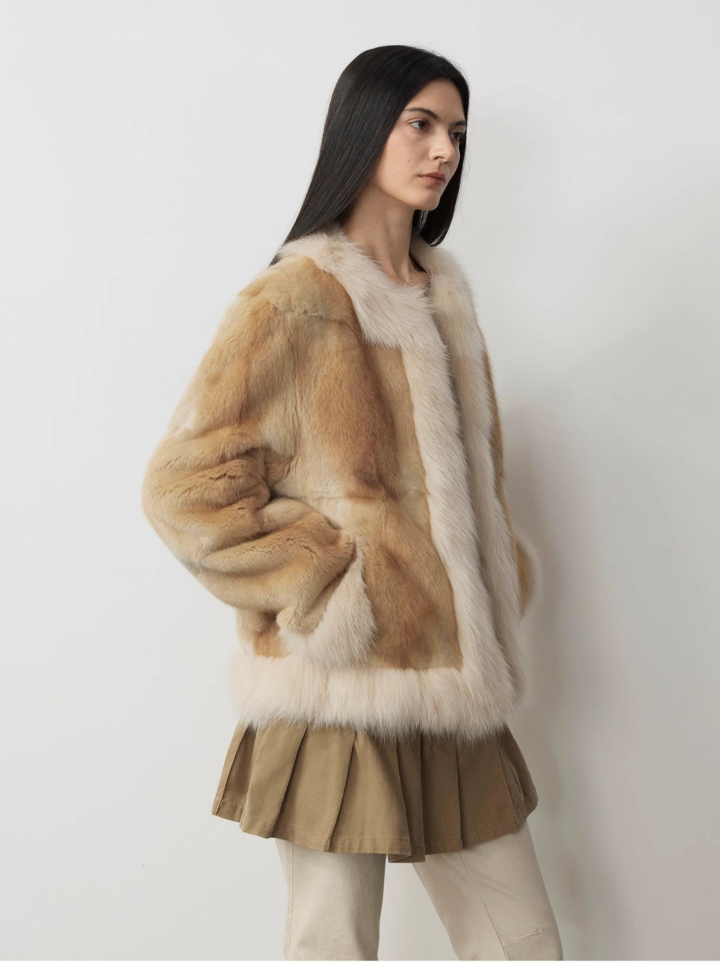 Fireladyfur Women's  Blue Mink & Fox Fur Patchwork Coat "Casual Gene"-2