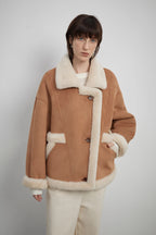 Fireladyfur Women's Faux Leather Shearling Jacket - Lapel Biker Style Wool Suede Coat-2