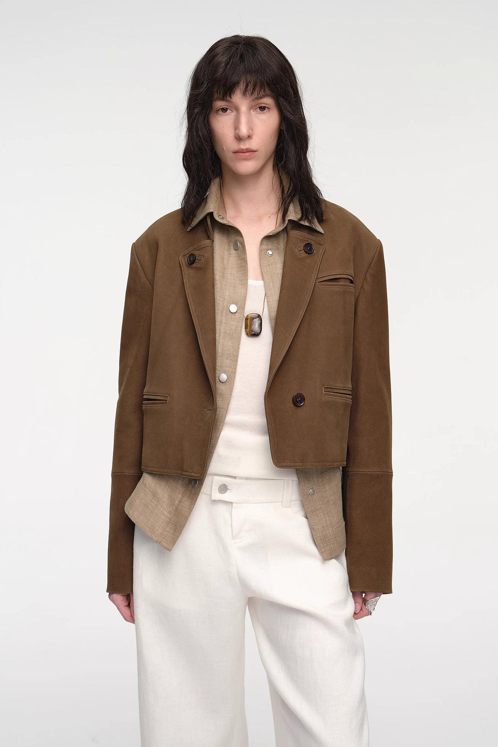 Stand Collar Suit Sheepskin Leather Short Jacket "Roman Story"-1