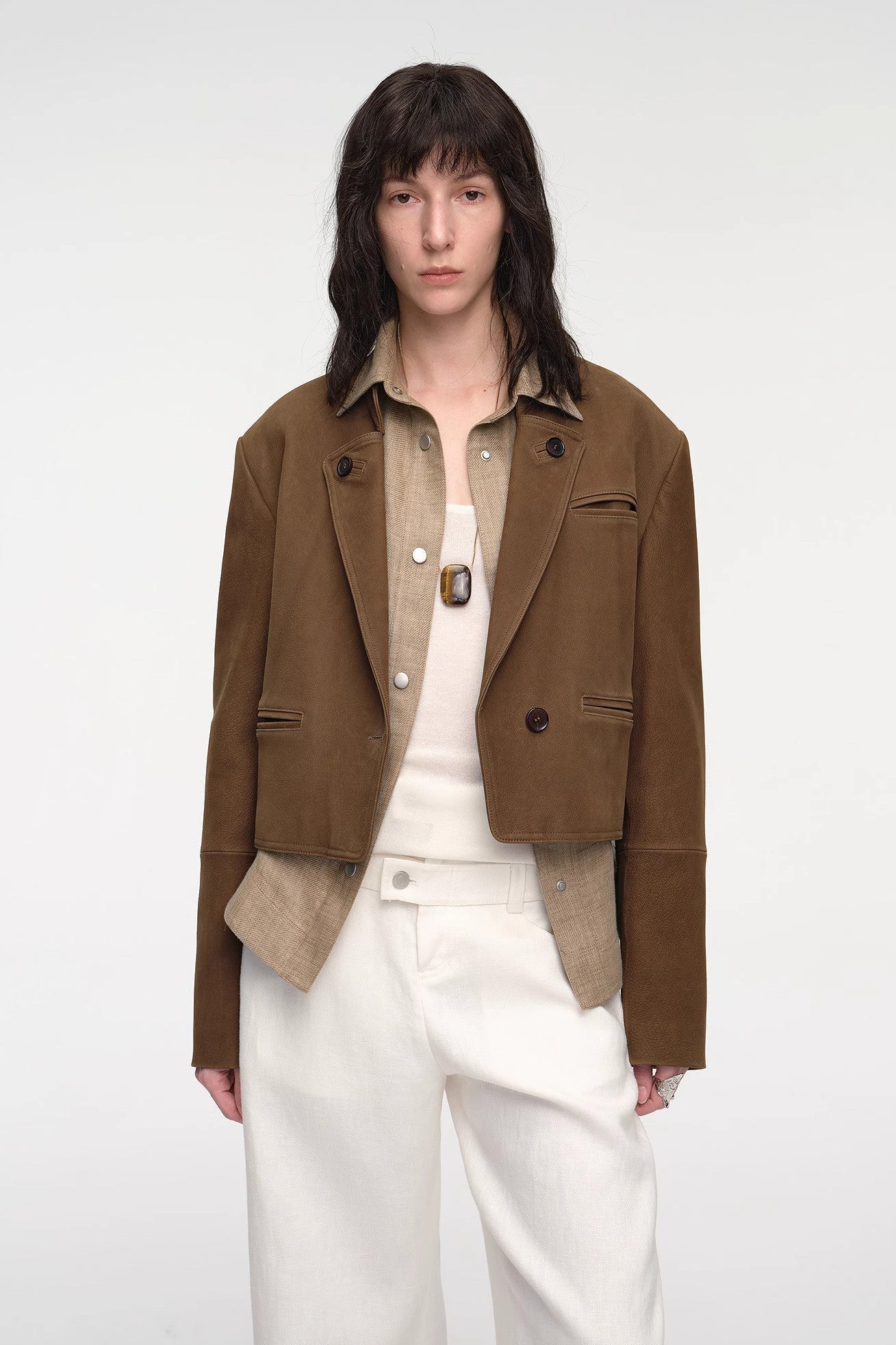 Stand Collar Suit Sheepskin Leather Short Jacket "Roman Story"-1