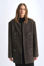 Circle Texture Sequined Wool Tweed Round Neck Long Chanel Style Coat for Women-1