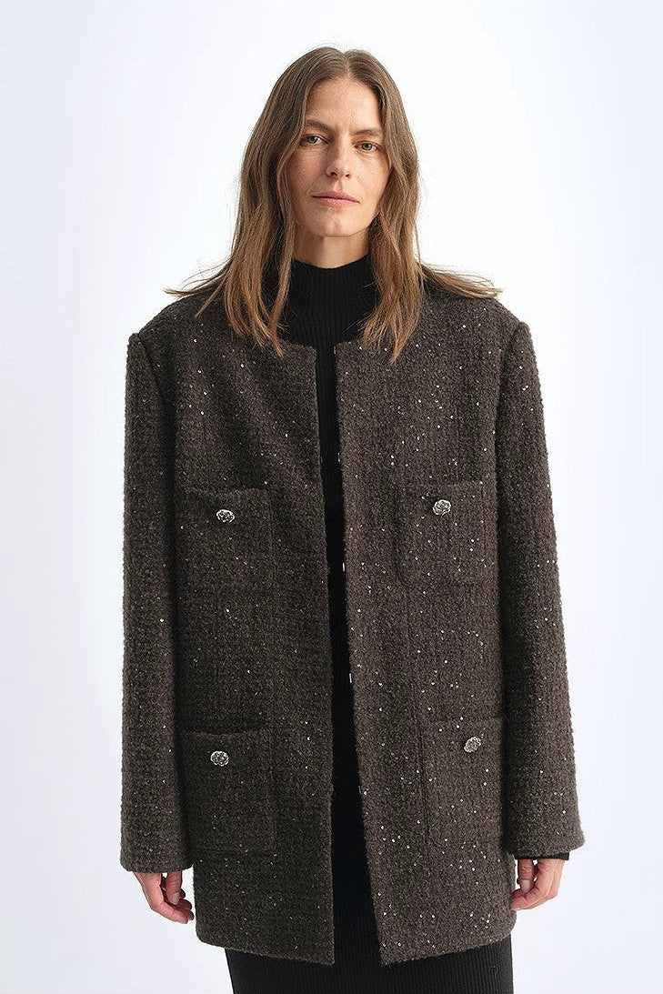 Circle Texture Sequined Wool Tweed Round Neck Long Chanel Style Coat for Women-1