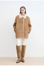 Fireladyfur Women's Faux Leather Shearling Jacket - Casual Furry Lapel Wool Coat-2