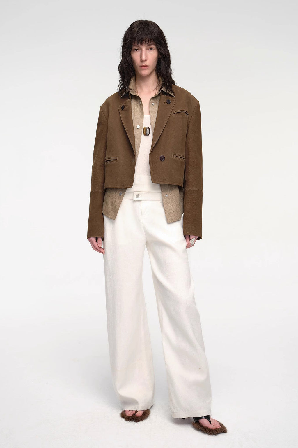 Stand Collar Suit Sheepskin Leather Short Jacket "Roman Story"-4