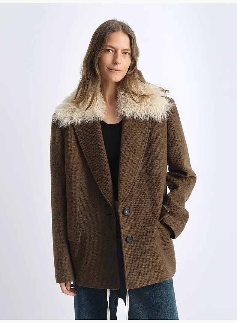 Fireladyfur Wool Tweed Coat with Detachable Fur Collar"Vertical Texture"-1