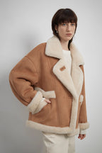 Fireladyfur Women's Faux Leather Shearling Jacket - Lapel Biker Style Wool Suede Coat-3