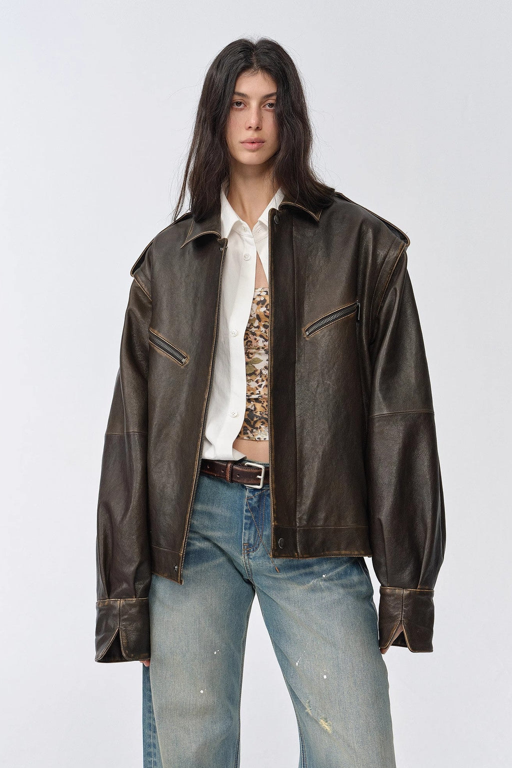 Fireladyfur Women's Two-Way Genuine Leather Jacket with Removable Sleeves"Barn Feelings"-1
