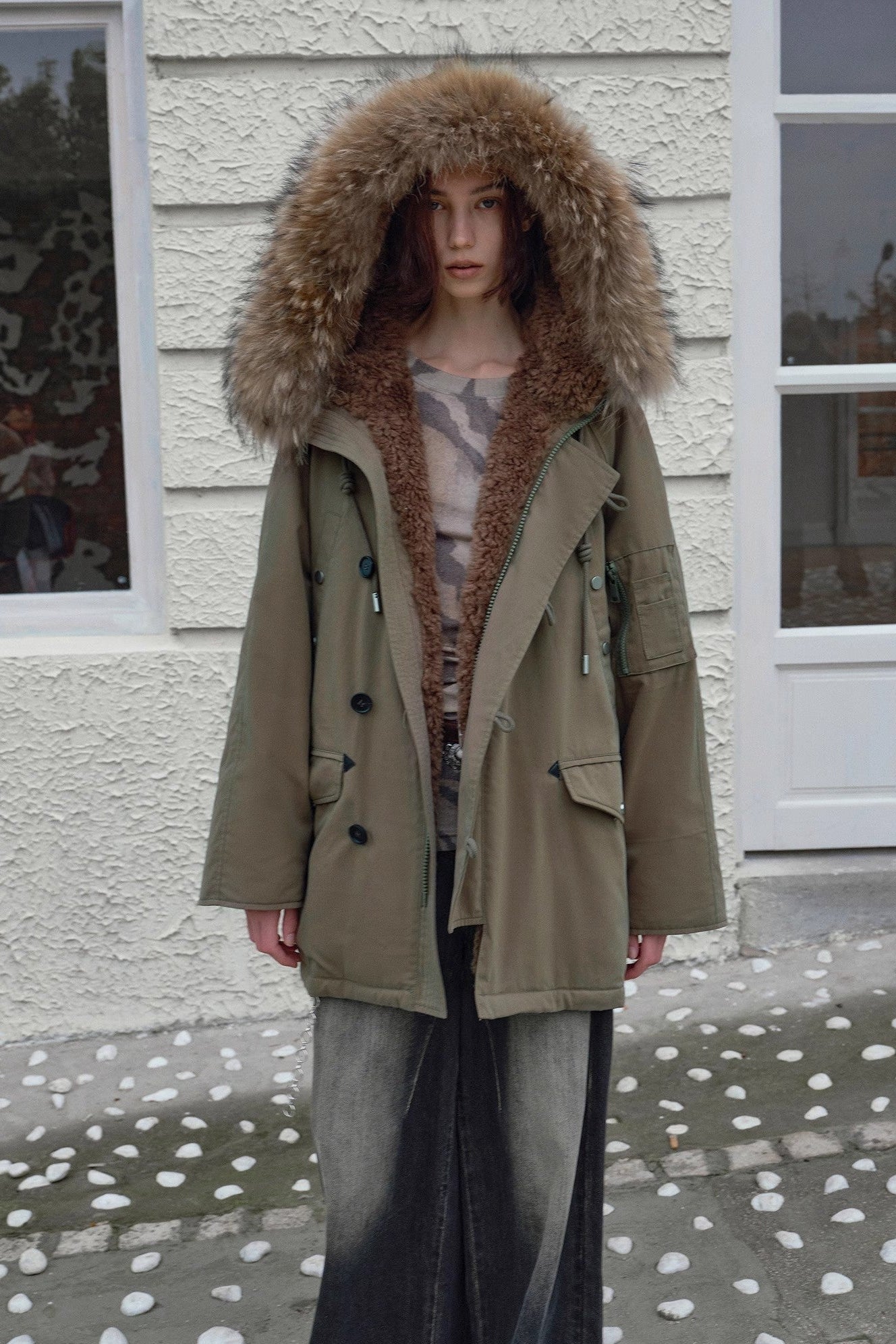 Fireladyfur Women's Shearling Lined Down Parka with Raccoon Fur Collar hood"Coastal Highway II"-3