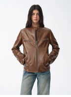 New Zealand imported waxed sheepskin/cowhide vintage motorcycle leather jacket "Manhattan Dark Night"-4