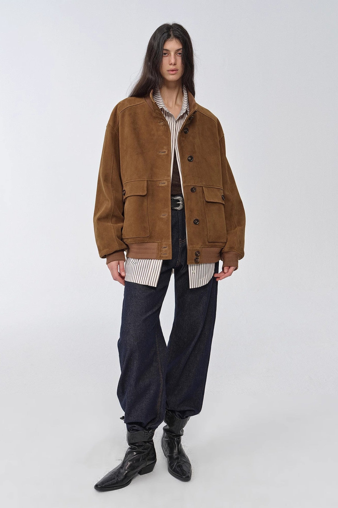 Vintage imported suede sheepskin leather ribbed patchwork jacket "Spring Whisper"-4