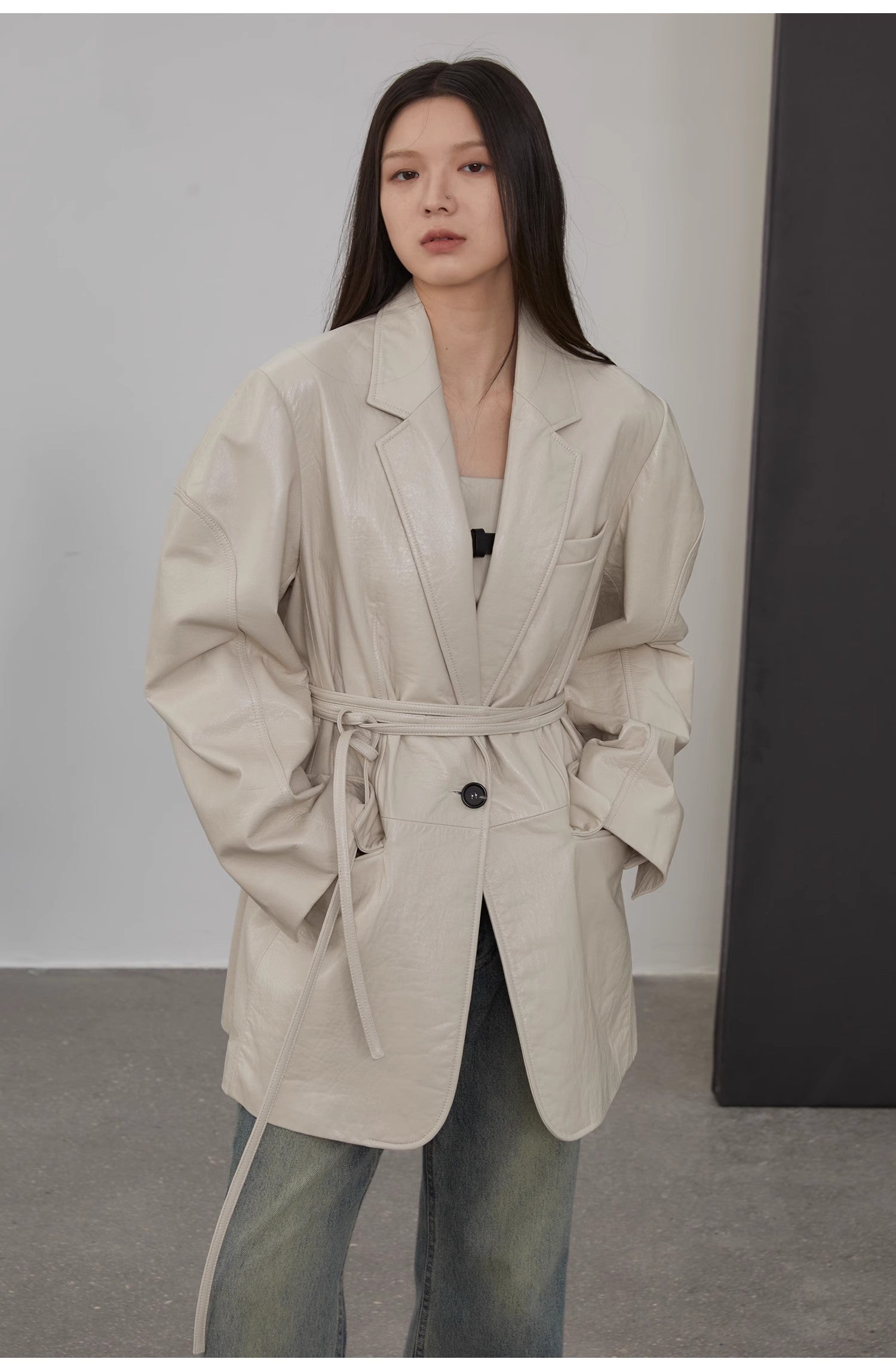 Imported sheepskin wide-shoulder lightweight lace-up suit leather jacket textured genuine leather jacket "Dark Side of the Moon"-1