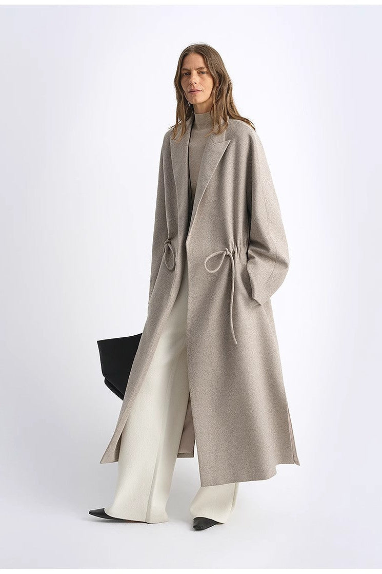 "Desert Heart"women's original color wool peaked lapel drawstring mid-length wool coat-4