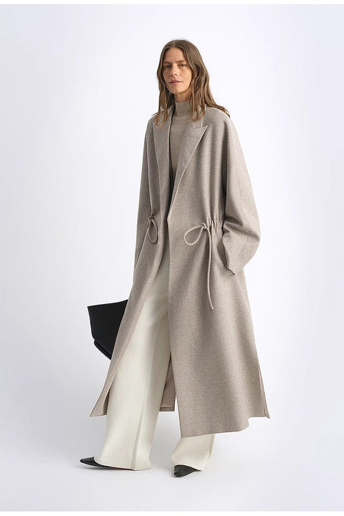 "Desert Heart"women's original color wool peaked lapel drawstring mid-length wool coat-4