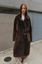"Mocha Phantom" Merino wool dropped shoulder long asymmetric placket sheepskin coat-1