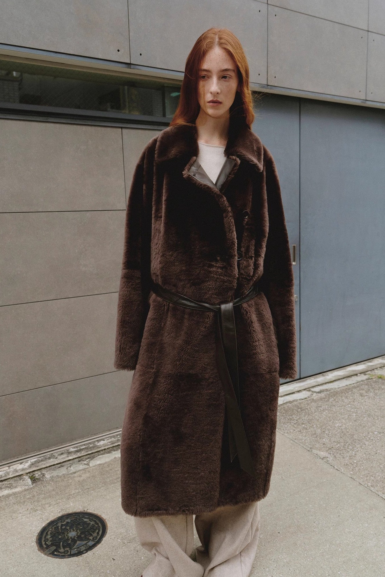"Mocha Phantom" Merino wool dropped shoulder long asymmetric placket sheepskin coat-1