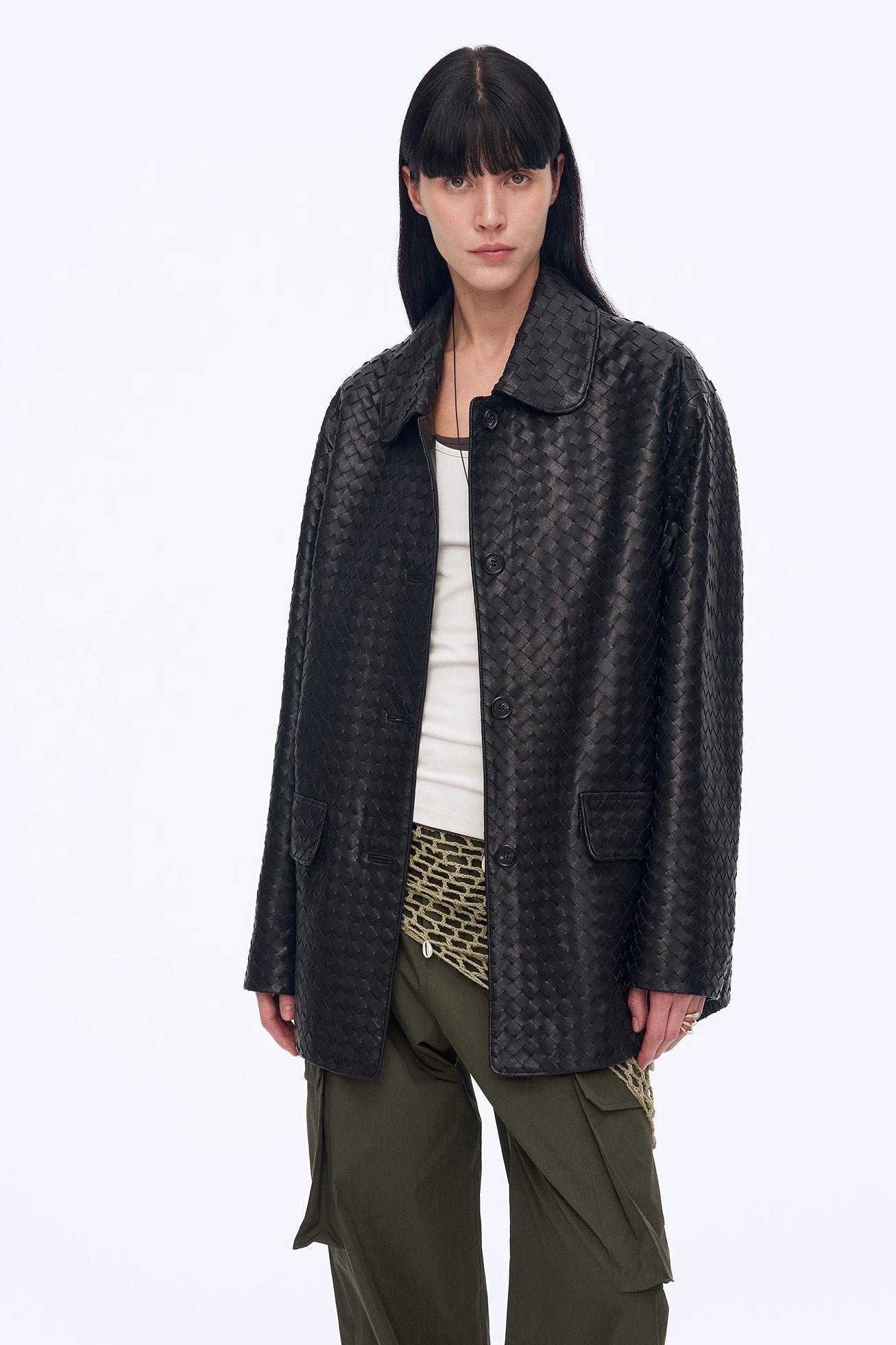 New Zealand imported lambskin perforated woven leather jacket spring"Rembrandt Night"-1