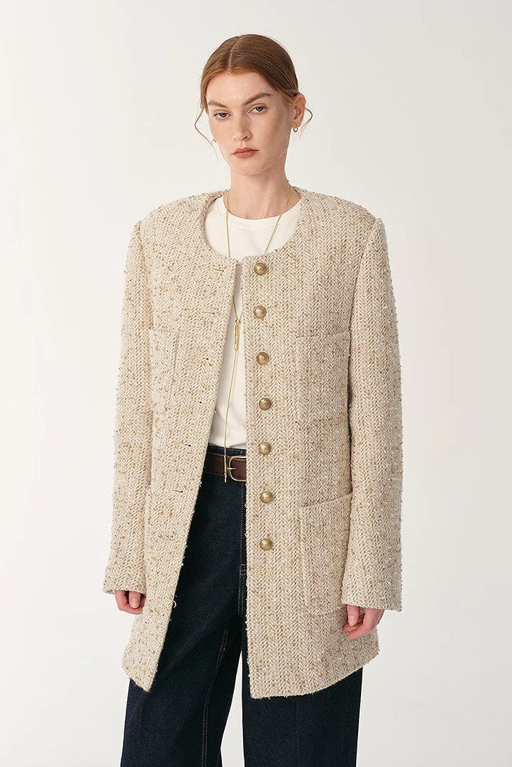 Heavy wool tweed high-end exquisite round neck patch pocket slim Chanel jacket for women-4