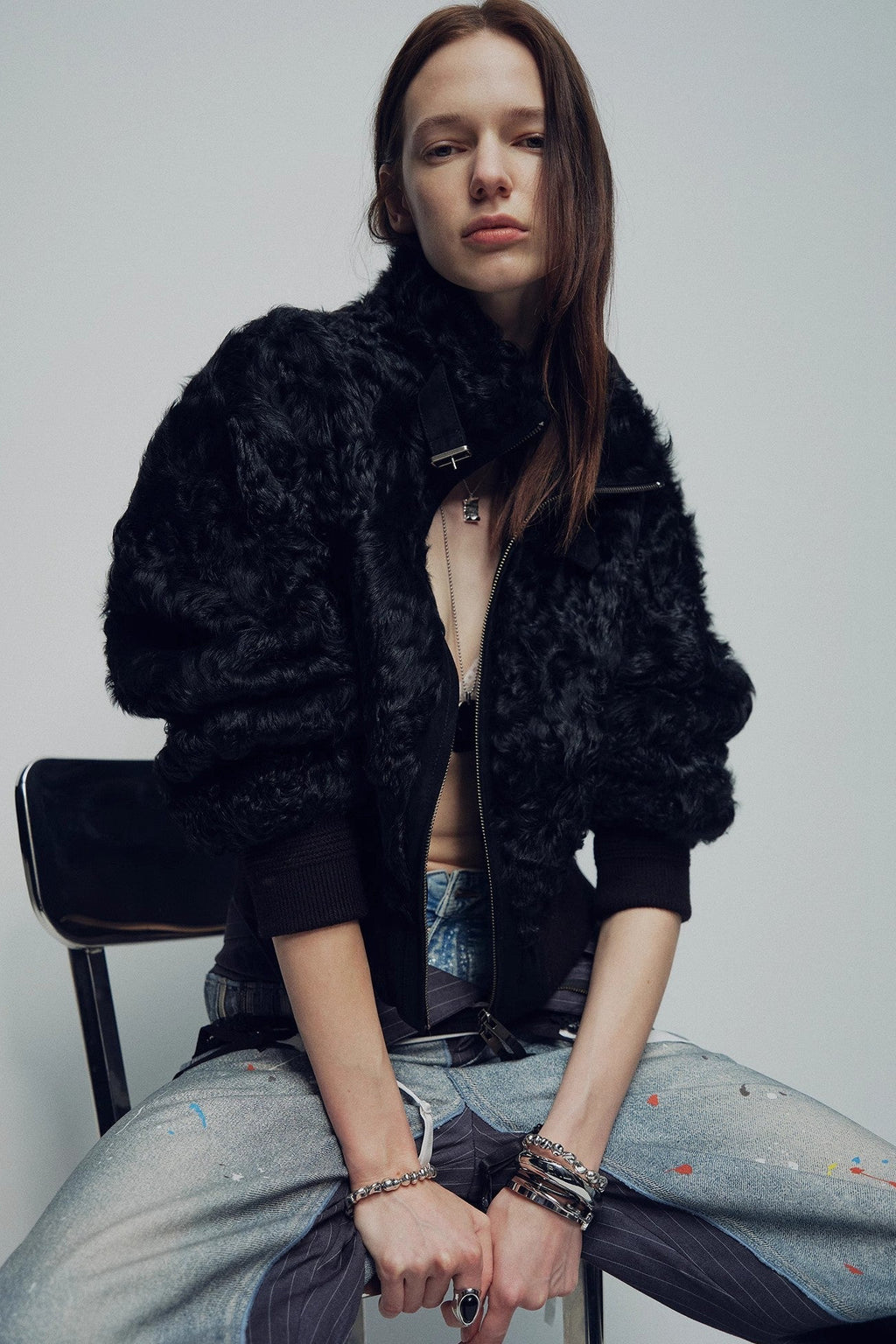 Casual stand-up collar jacket-style fluffy sheep curly hair fashionable short  bomber coat"Curly Story"-1