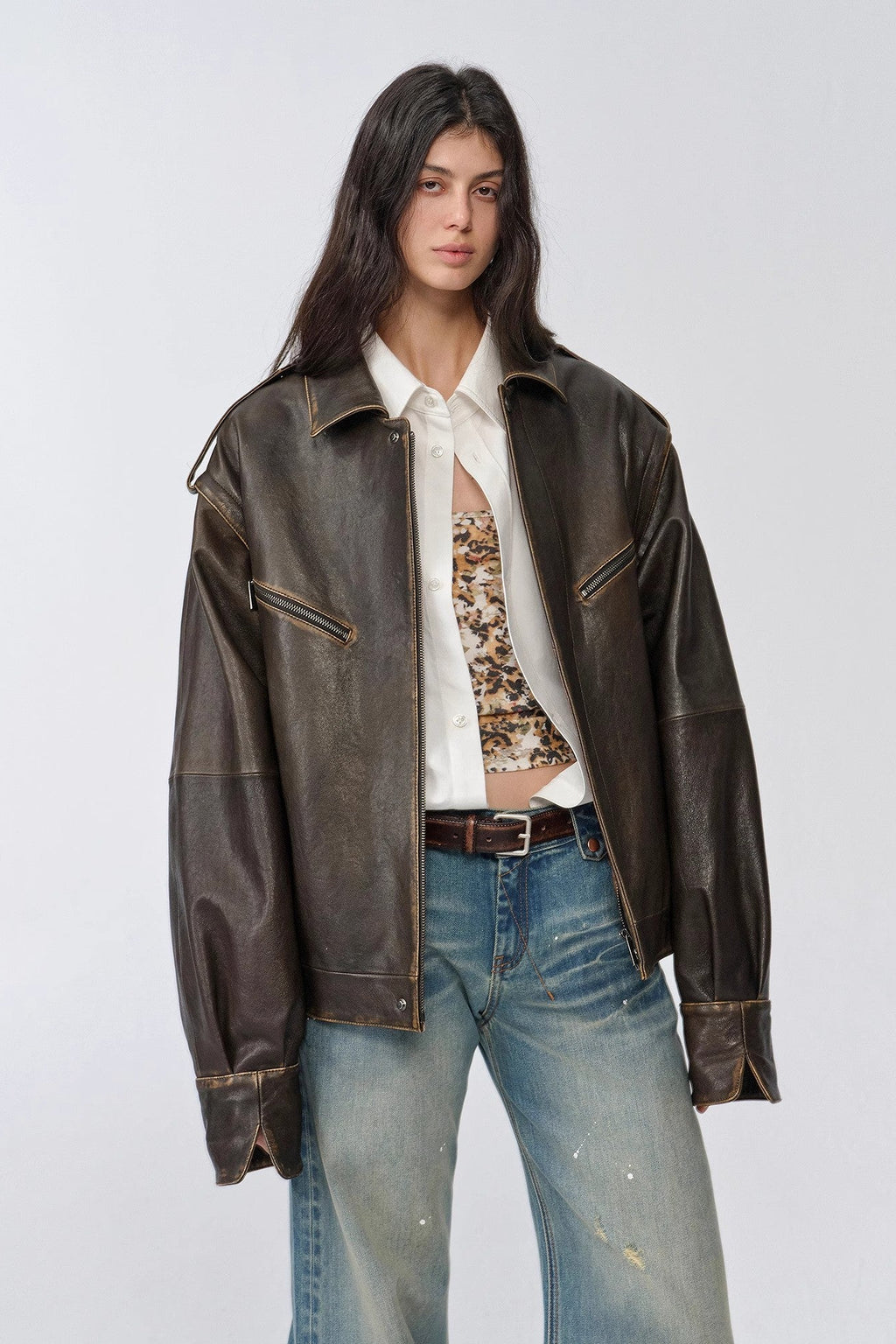 Fireladyfur Women's Two-Way Genuine Leather Jacket with Removable Sleeves"Barn Feelings"-4