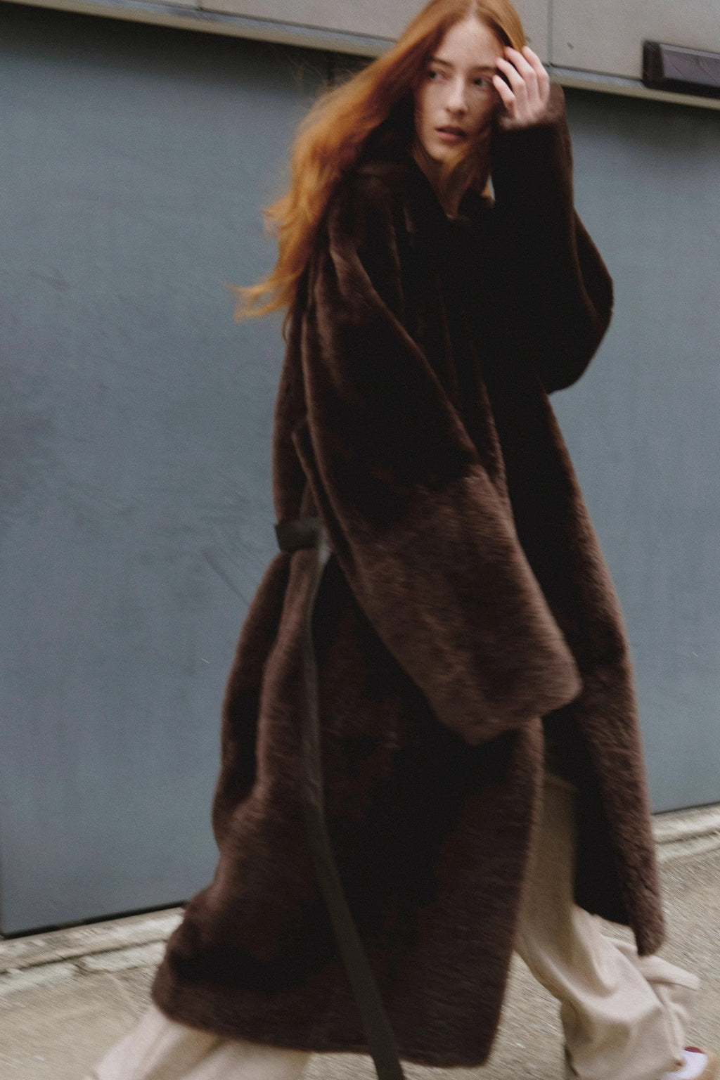 "Mocha Phantom" Merino wool dropped shoulder long asymmetric placket sheepskin coat-4