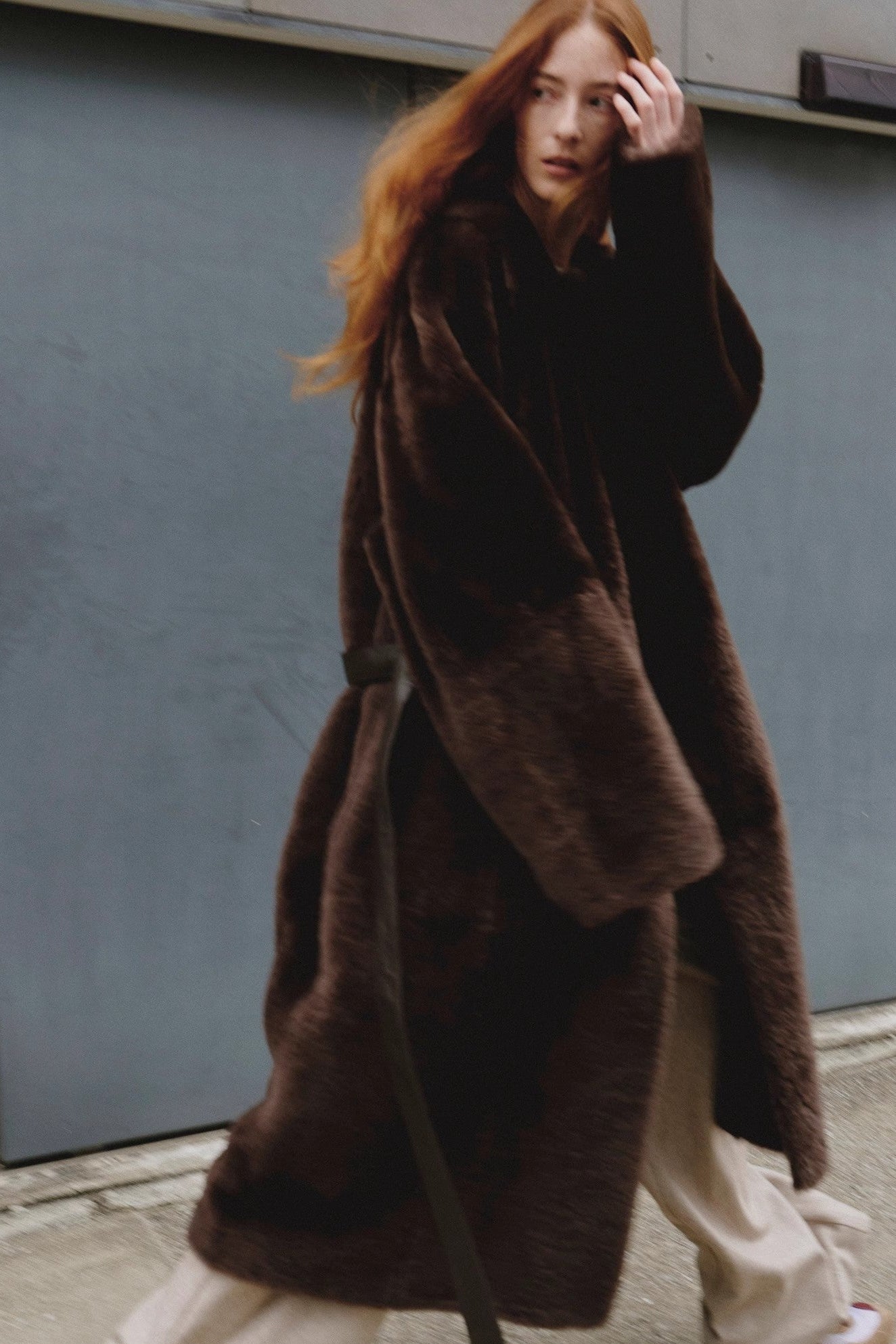 "Mocha Phantom" Merino wool dropped shoulder long asymmetric placket sheepskin coat-4