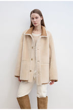 Fireladyfur Women's Faux Leather Shearling Jacket - Casual Furry Lapel Wool Coat-4