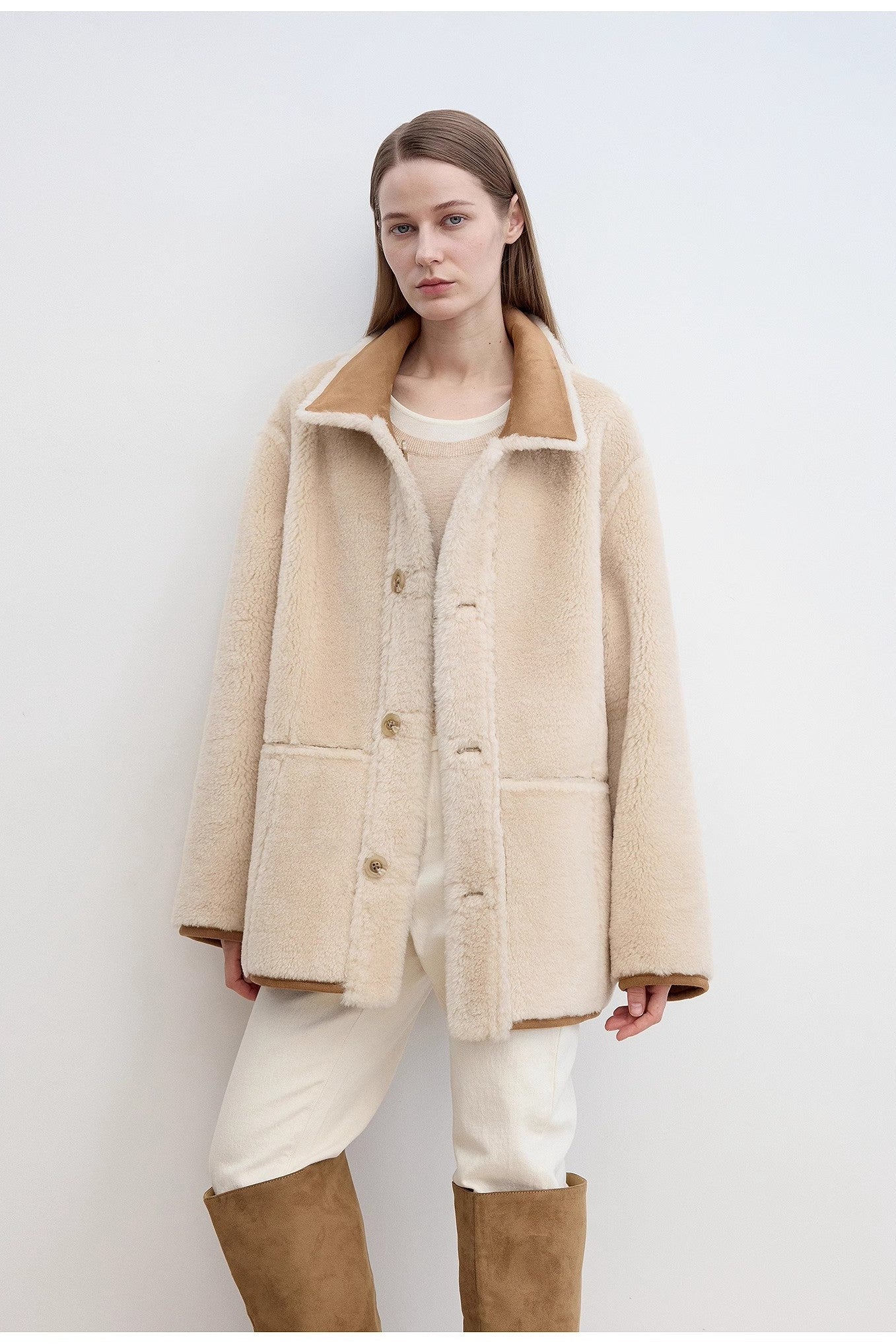 Fireladyfur Women's Faux Leather Shearling Jacket - Casual Furry Lapel Wool Coat-4