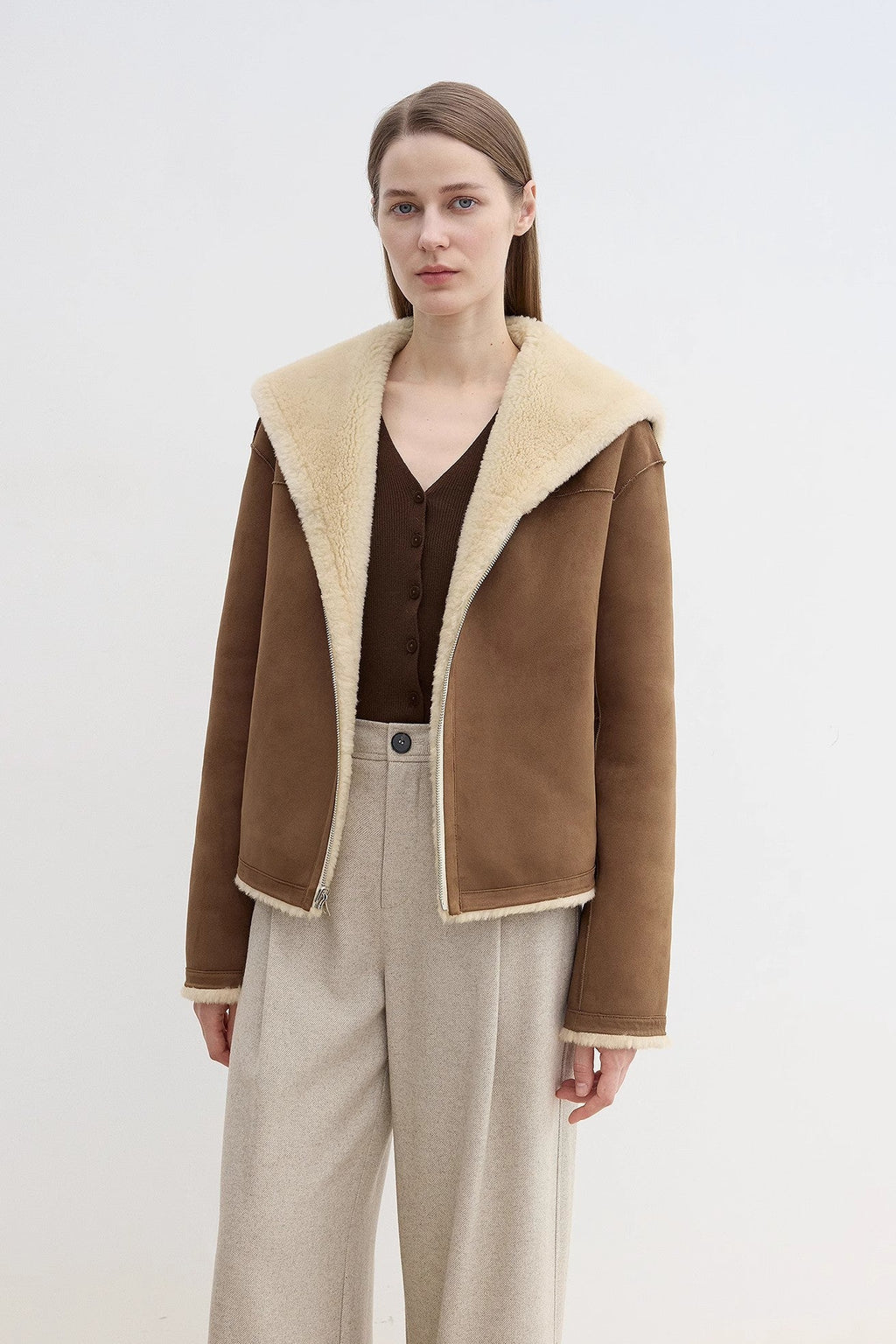 Fireladyfur Women's Faux Leather Shearling Jacket - Wool Suede Navy Collar Coat-1