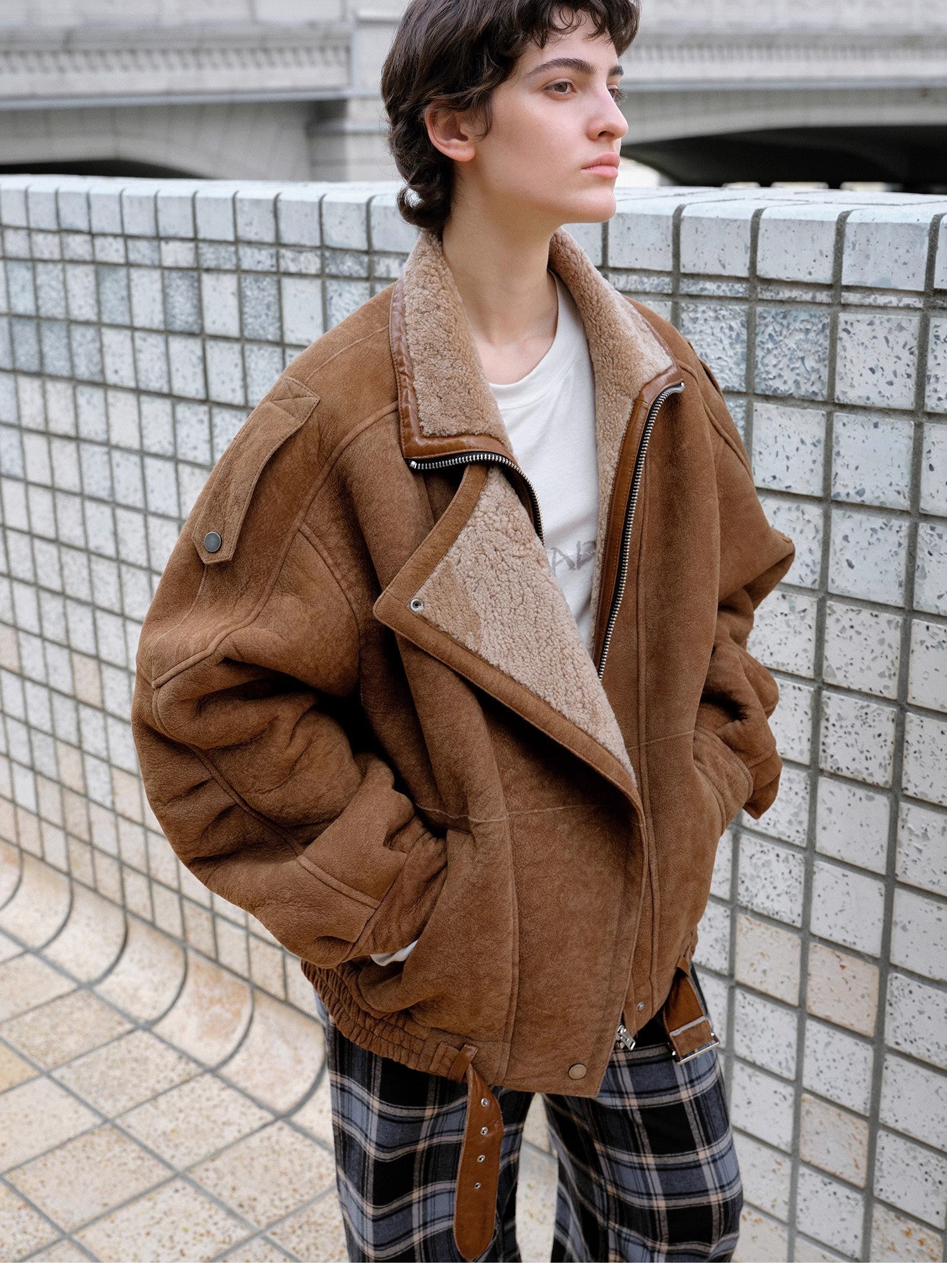 Fireladyfur Women's Shearling Coat - Motorcycle Style Merino Wool Short Jacket Jazz Party-1