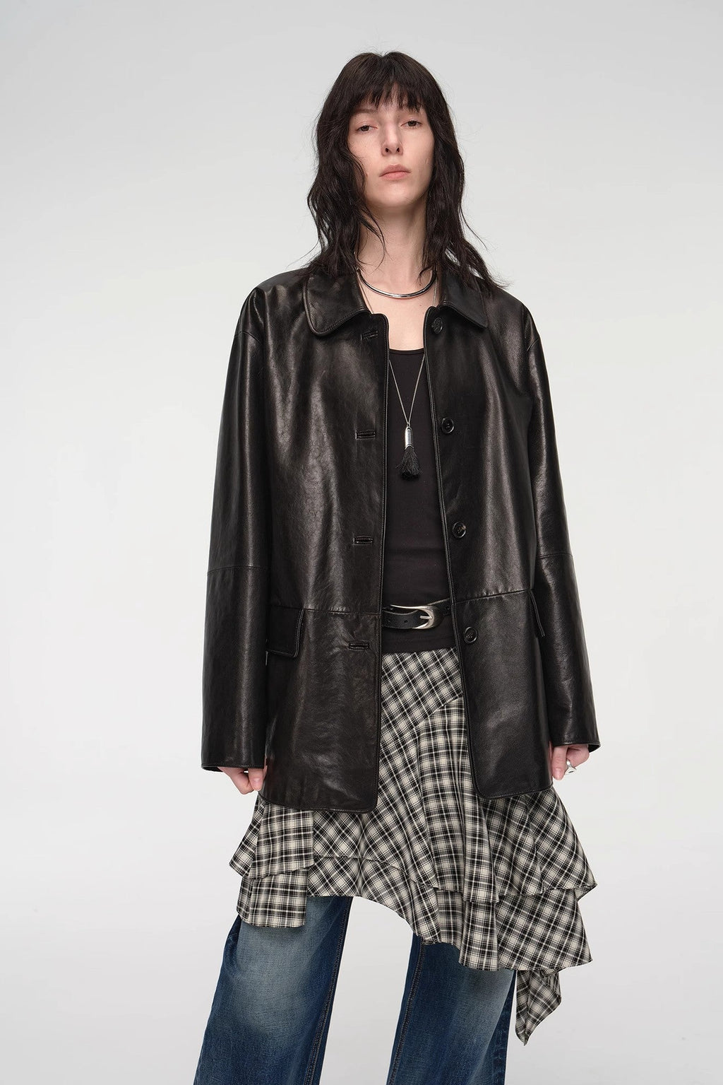 Goatskin simple and versatile retro suit-style leather windbreaker jacket "Fashionable Kosi"-1