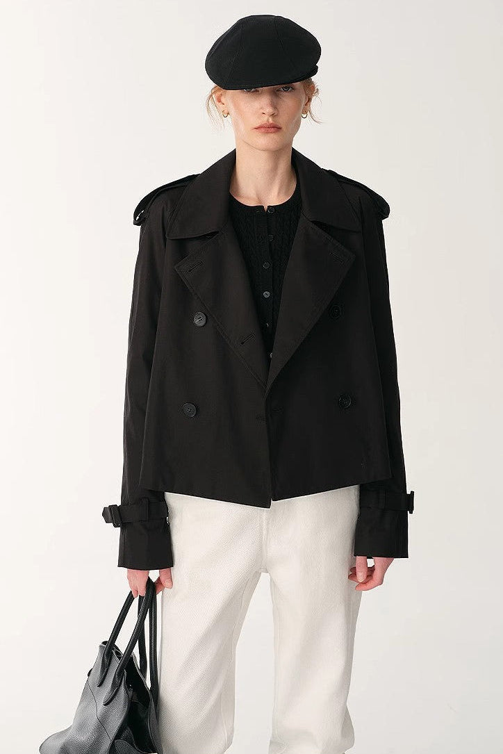 "Night Messenger" anti-wrinkle waterproof large lapel short straight box windbreaker for women-4