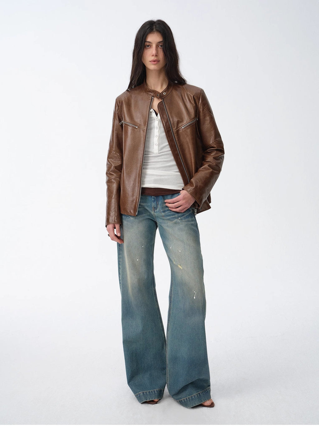 New Zealand imported waxed sheepskin/cowhide vintage motorcycle leather jacket "Manhattan Dark Night"-0