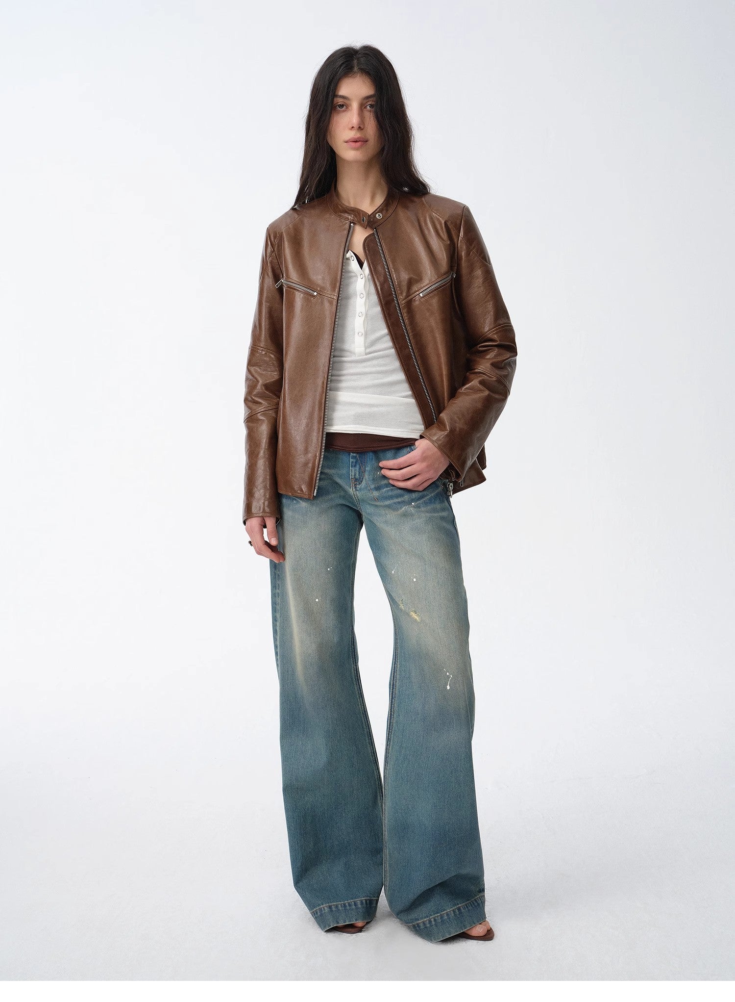 New Zealand imported waxed sheepskin/cowhide vintage motorcycle leather jacket "Manhattan Dark Night"-0