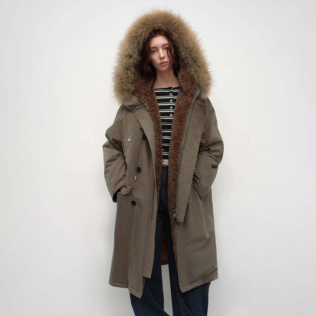 Fireladyfur Women’s Hooded Down Raccoon Fur Collar Parka Cold Weather“Manchester City old story”-1
