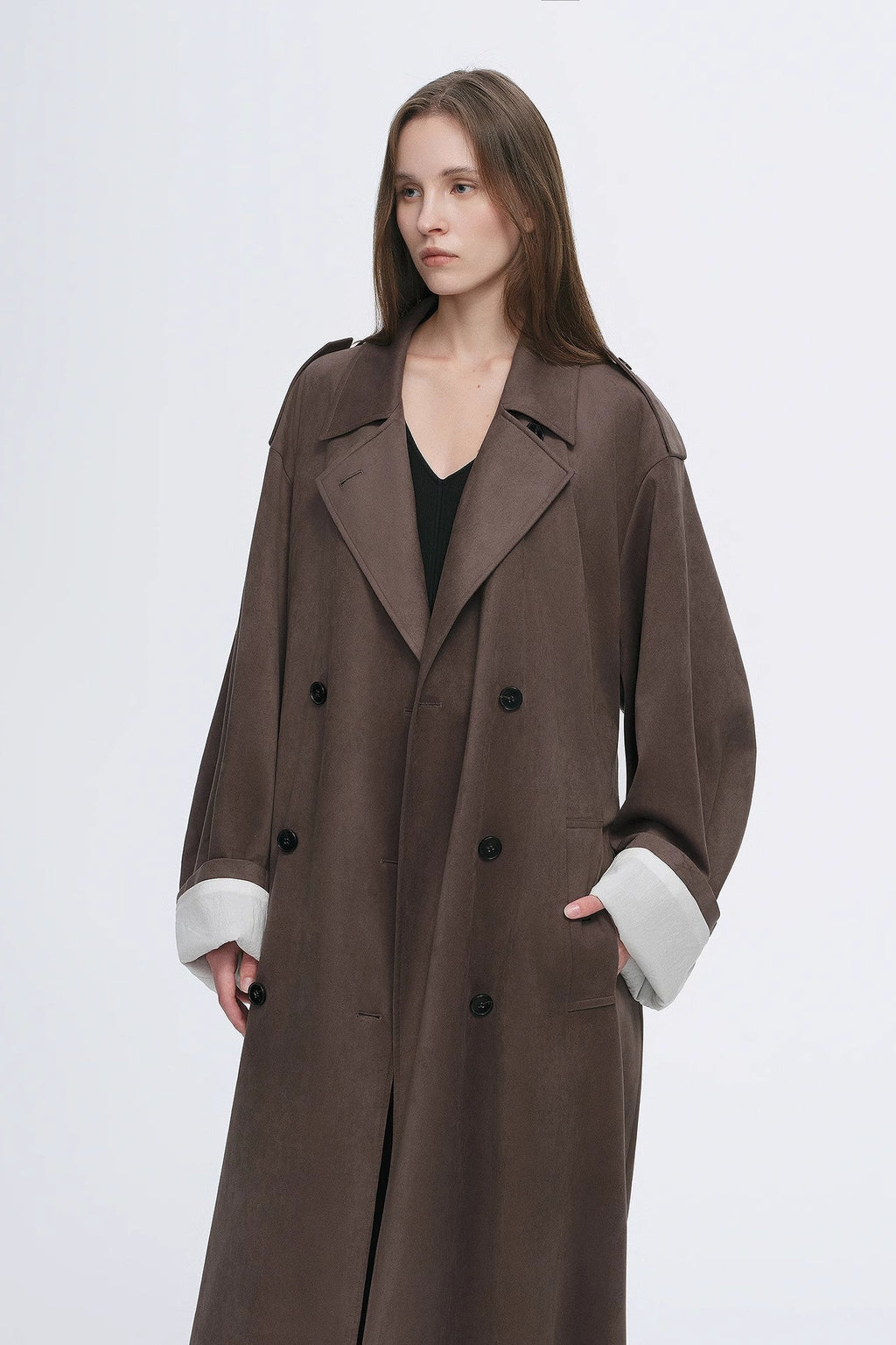 "Line Walker" matte micro-velvet drape classic elegant double-breasted straight long trench coat-1