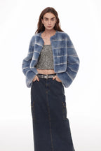 "Dream Chaser" round neck short horizontal spray stripe contrast color loose imported Rex rabbit fur coat-0