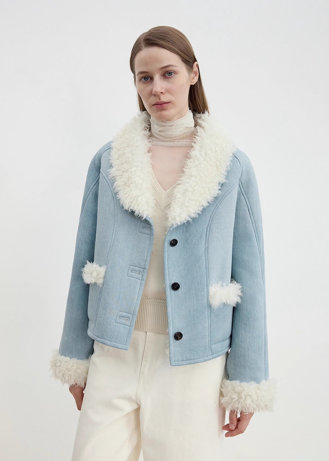 "Pure Era" imported high-quality lamb contrast color fruit collar short wool fur coat-4