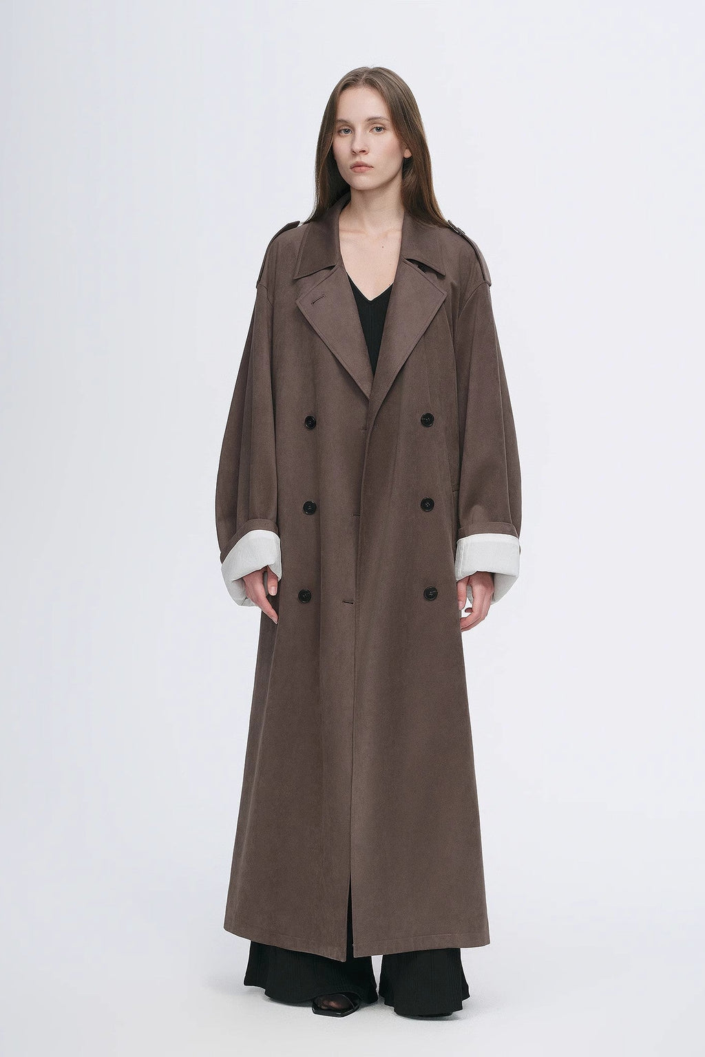 "Line Walker" matte micro-velvet drape classic elegant double-breasted straight long trench coat-4
