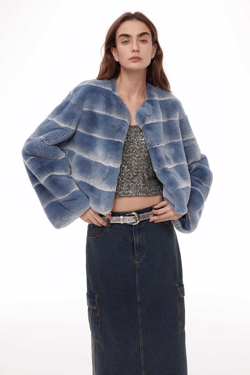 "Dream Chaser" round neck short horizontal spray stripe contrast color loose imported Rex rabbit fur coat-2