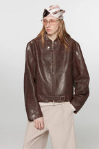 Retro Sheepskin Stand Collar Short Motorcycle Jacket “Caramel Mountain”-4