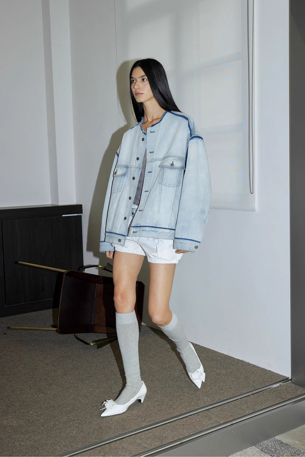 "Starry Sky Market" luxury brand classic washed cotton collarless raw edge denim jacket-4