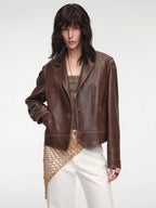 Waxed sheepskin distressed short leather jacket "Vintage Old Stories"