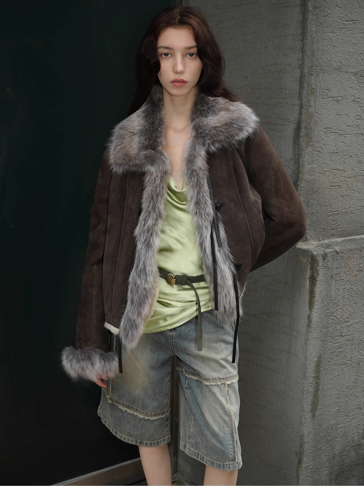 "Florence" imported merino wool sheepskin patchwork fox fur collar fur coat winter-1