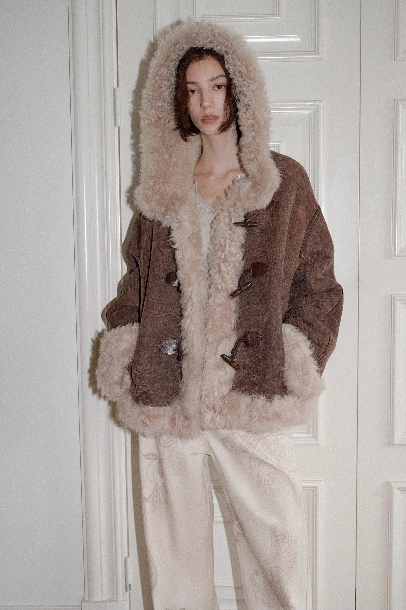 Fireladyfur Women's Shearling Coat - Drop Shoulder Hooded Merino Wool Winter Jacket-4